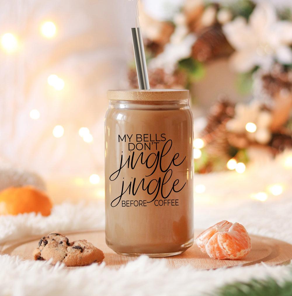 Jingle Jingle 17oz glass cup by Gia Roma with lid and metal straw, iced coffee on Tampa Home & Garden Store