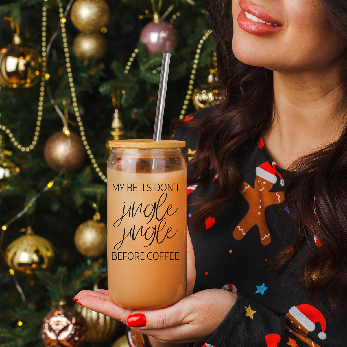 Glass tumbler Gia Roma 17oz with bamboo lid; reads my bells don't jingle jingle before coffee on Tampa Home & Garden Store