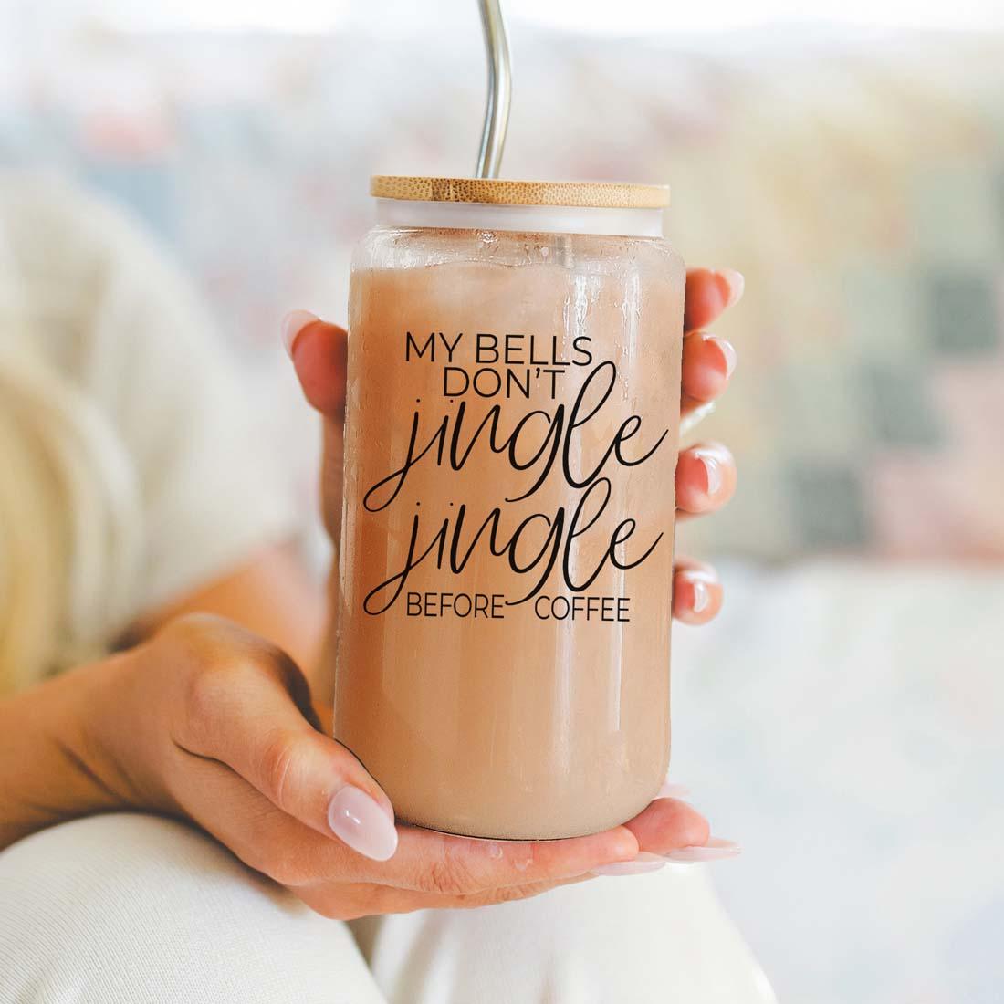Jingle Jingle 17oz glass cup drinkware Gia Roma with bamboo lid and straw, latte in hand on Tampa Home & Garden Store