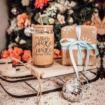 Gia Roma Jingle Jingle 17oz glass cup with straw and cork lid iced coffee gift box nearby on Tampa Home & Garden Store