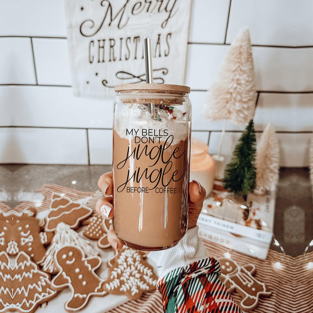 Gia Roma Jingle Jingle 17oz glass cup drinkware, clear tumbler with festive coffee print on Tampa Home & Garden Store