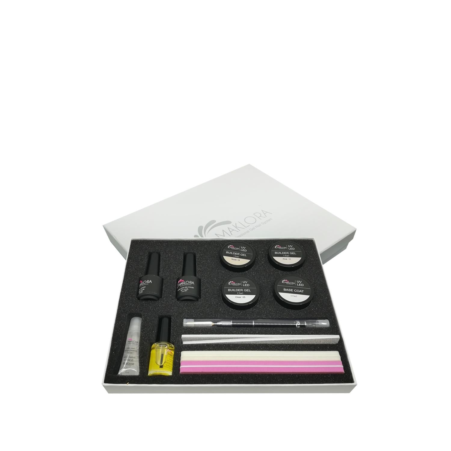 Maklora Nail Care Set with UV LED builder gels and base coat jars in foam tray on Tampa Home & Garden Store