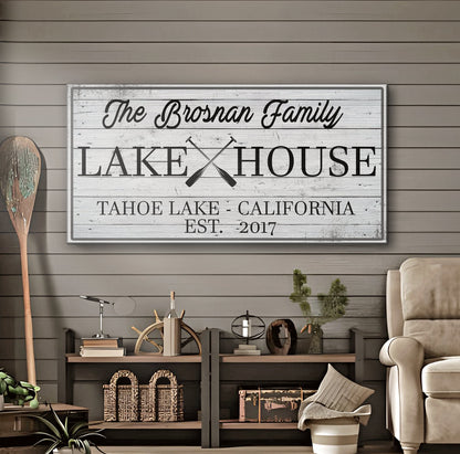 Family Lake House Paddle Sign canvas by Tailored Canvases with whitewashed wood and paddles on Tampa Home & Garden Store