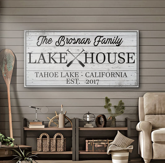 Family Lake House Paddle Sign canvas by Tailored Canvases with whitewashed wood and paddles on Tampa Home & Garden Store