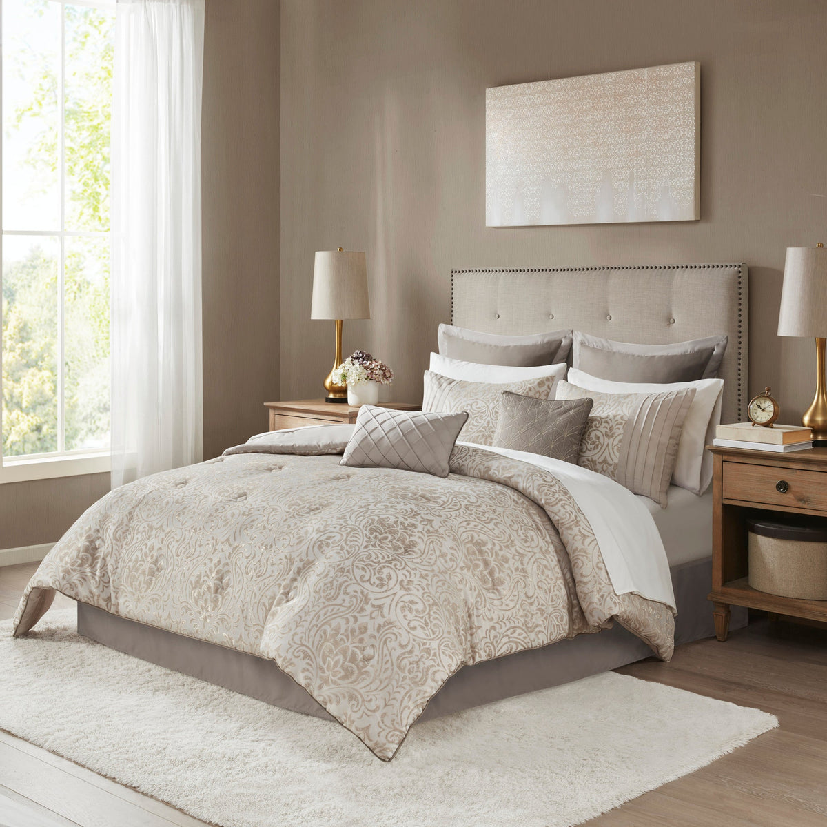 HouseOfZazla 12 Piece Jacquard Khaki Cal King Comforter Set with Bed Sheets on neutral bed on Tampa Home & Garden Store