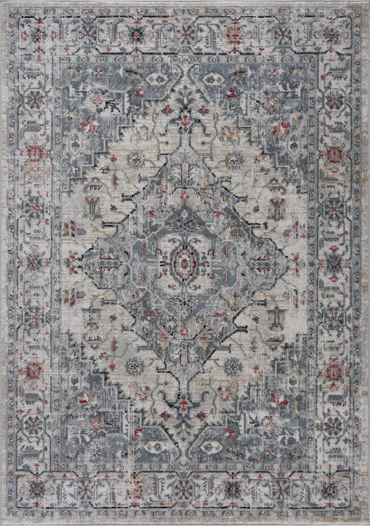 Billings Area Rug by Boutique Rugs, distressed blue-gray oriental rug with ivory and red accents on Tampa Home & Garden Store