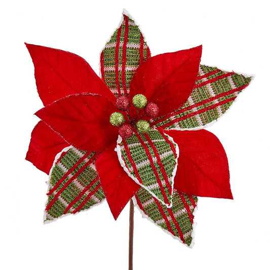 Red and Pine Green Plaid Poinsettia Pick - Tampa Home & Garden Store