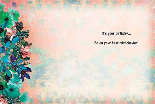 Birthday card with pastel peach-blue background and teal left bouquet on Tampa Home & Garden Store
