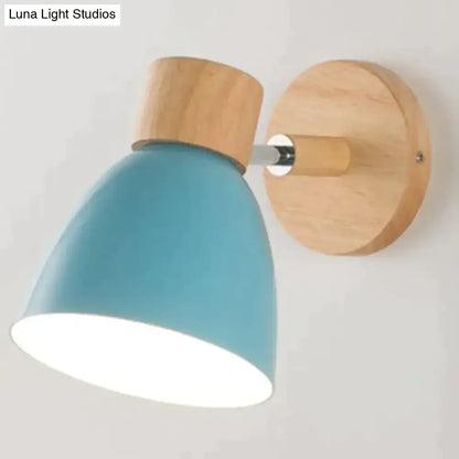 Yellow Wood Wall Lamp wall sconce with blue conical shade and natural wood backplate on Tampa Home & Garden Store