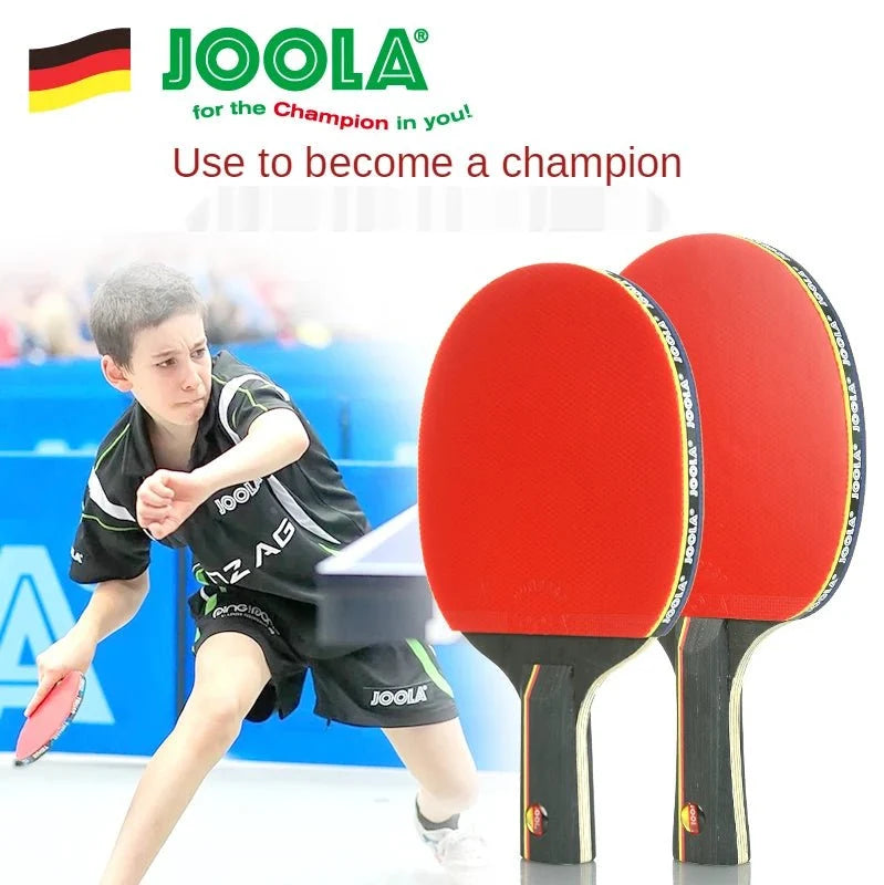 Carbon Table Tennis Rackets – 2 red paddles with black handles, JOOLA branding, player in background on Tampa Home & Garden Store