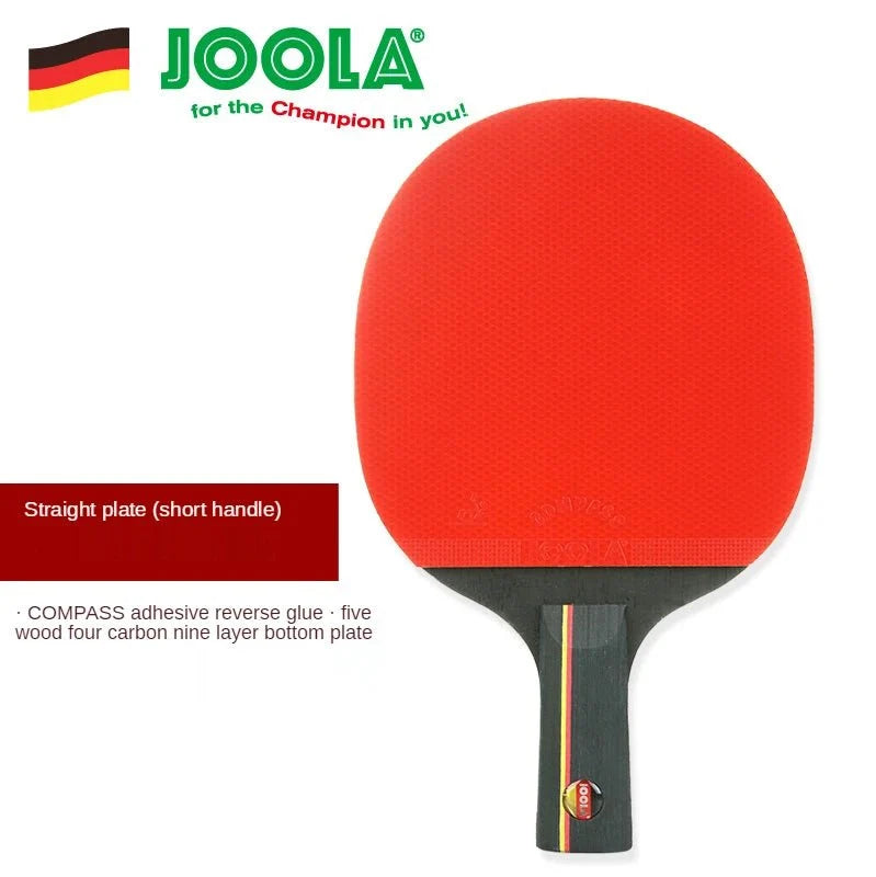 Carbon table tennis paddle with red blade and straight short handle, JOOLA branding on Tampa Home & Garden Store