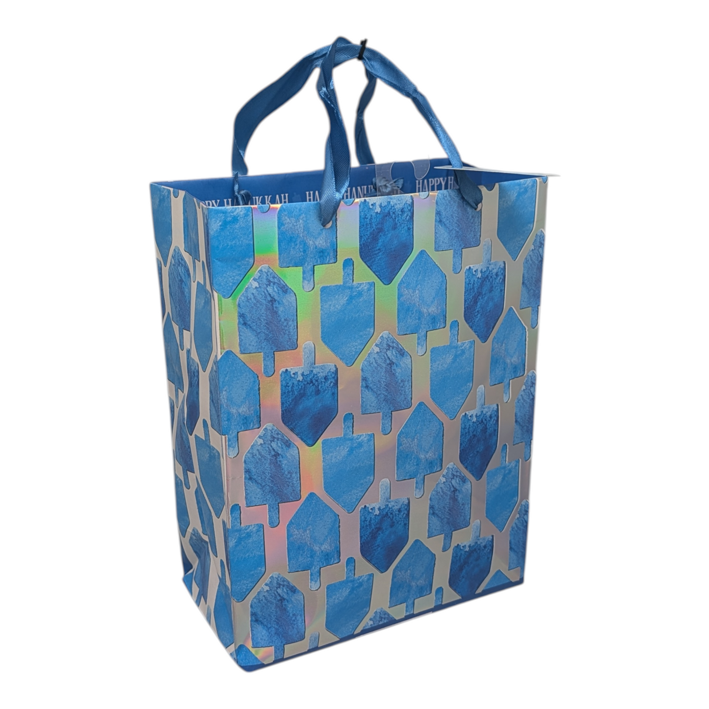 Hanukkah medium gift bag with blue holographic dreidel motif and blue satin handles on Tampa Home & Garden Store