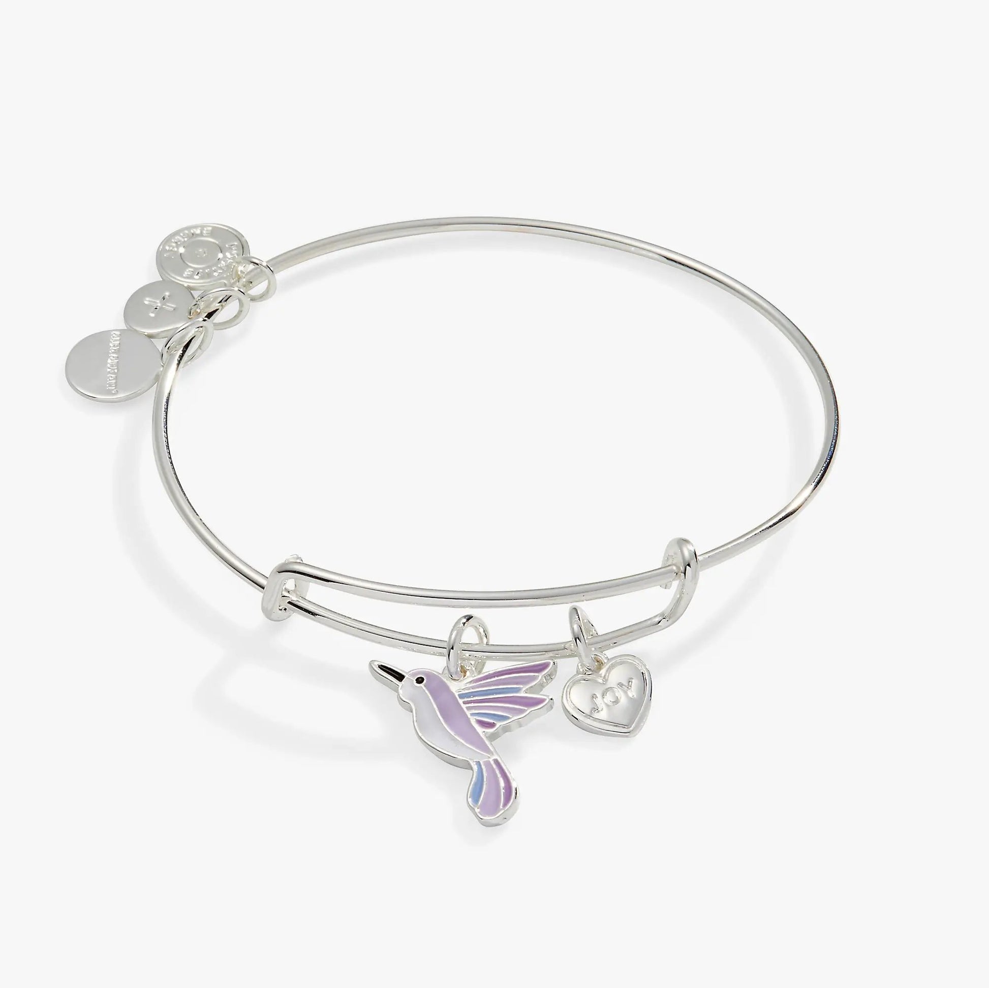 Joy Hummingbird Duo Charm Bangle by Alex and Ani, silver-tone hummingbird charm on Tampa Home & Garden Store
