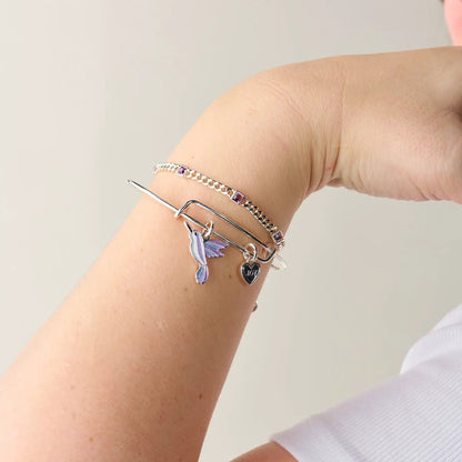 Bracelet: Joy hummingbird duo charm bangle by ALEX AND ANI, silver-tone with purple accents on Tampa Home & Garden Store