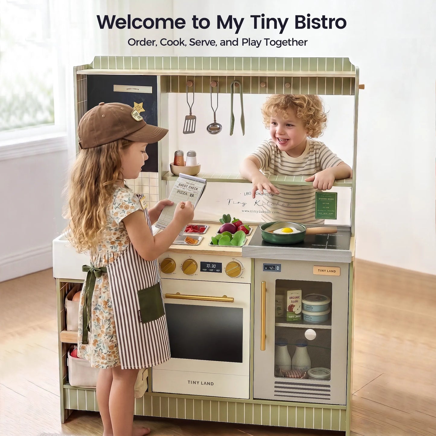 Tiny Land BistroSwitch play kitchen mint green and cream with hanging utensils on Tampa Home & Garden Store