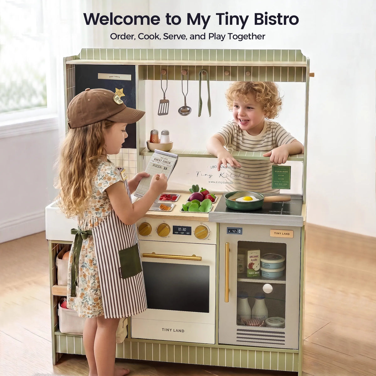 Tiny Land BistroSwitch play kitchen mint green and cream with hanging utensils on Tampa Home & Garden Store