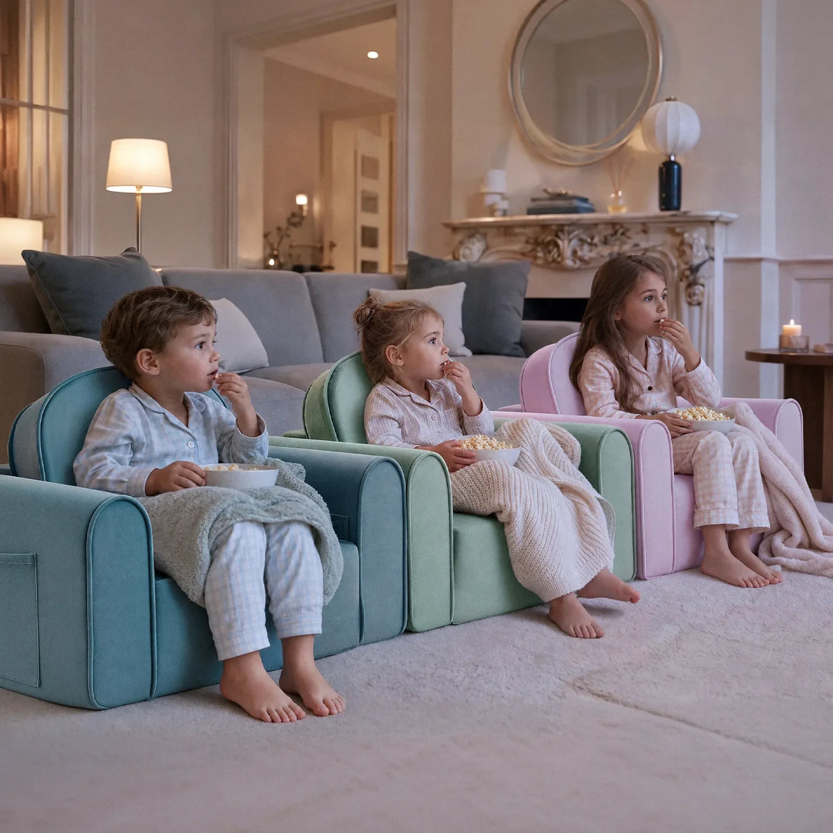 Tiny Land INC GentleSnug Kids Sofa Chair trio in pastel blue, green and pink fabrics with kids on Tampa Home & Garden Store