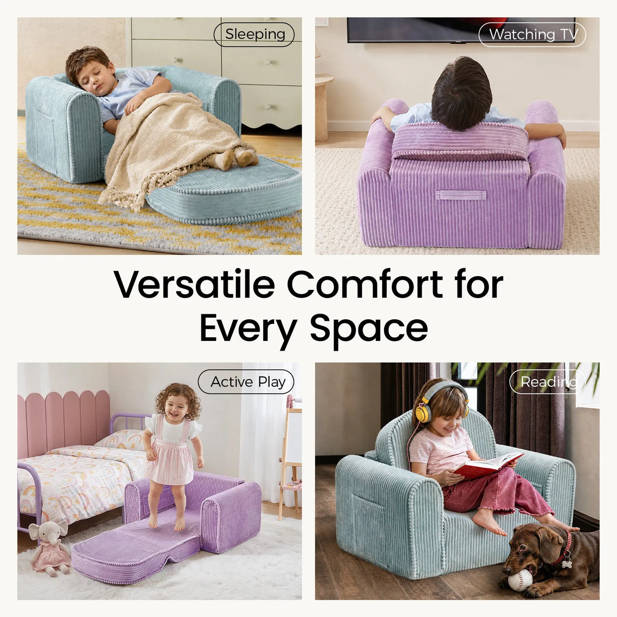 Two Tiny Land GentleSnug Corduroy Kid Chairs in blue and lavender with kids resting on Tampa Home & Garden Store