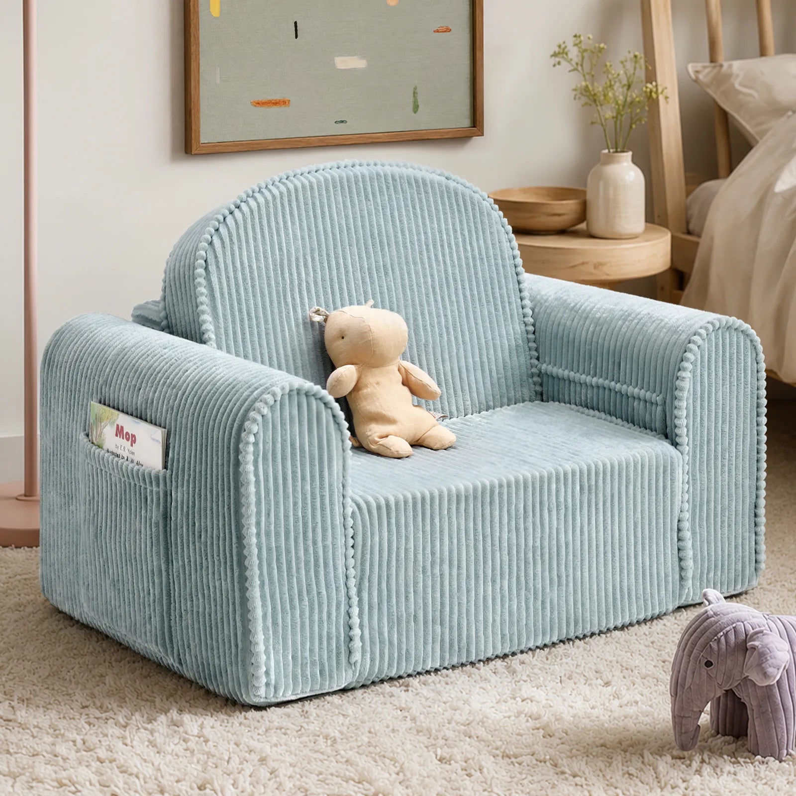 Tiny Land GentleSnug Corduroy Kid Chair in light blue ribbed fabric with rounded back on Tampa Home & Garden Store