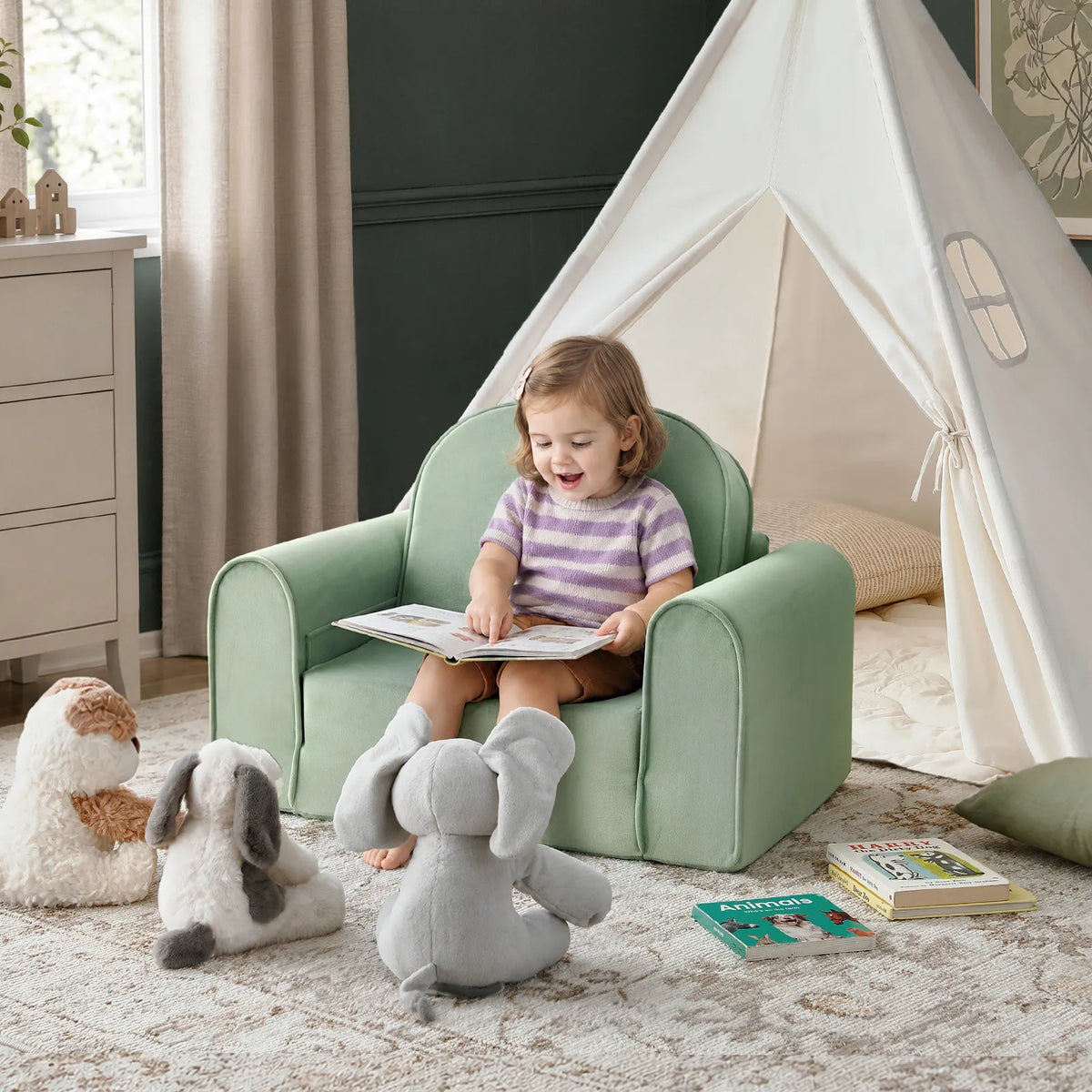 Tiny Land GentleSnug Kids Sofa Chair mint green play chair in a child's room with a teepee tent on Tampa Home & Garden Store