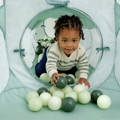 Tiny Land Compact Adventure 3-in-1 Play Tunnel mint green fabric with pale and dark green balls on Tampa Home & Garden Store