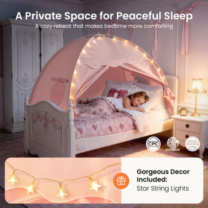 Tiny Land Versatile Kids Bed Tent pink with star string lights, a cozy play tent on Tampa Home & Garden Store
