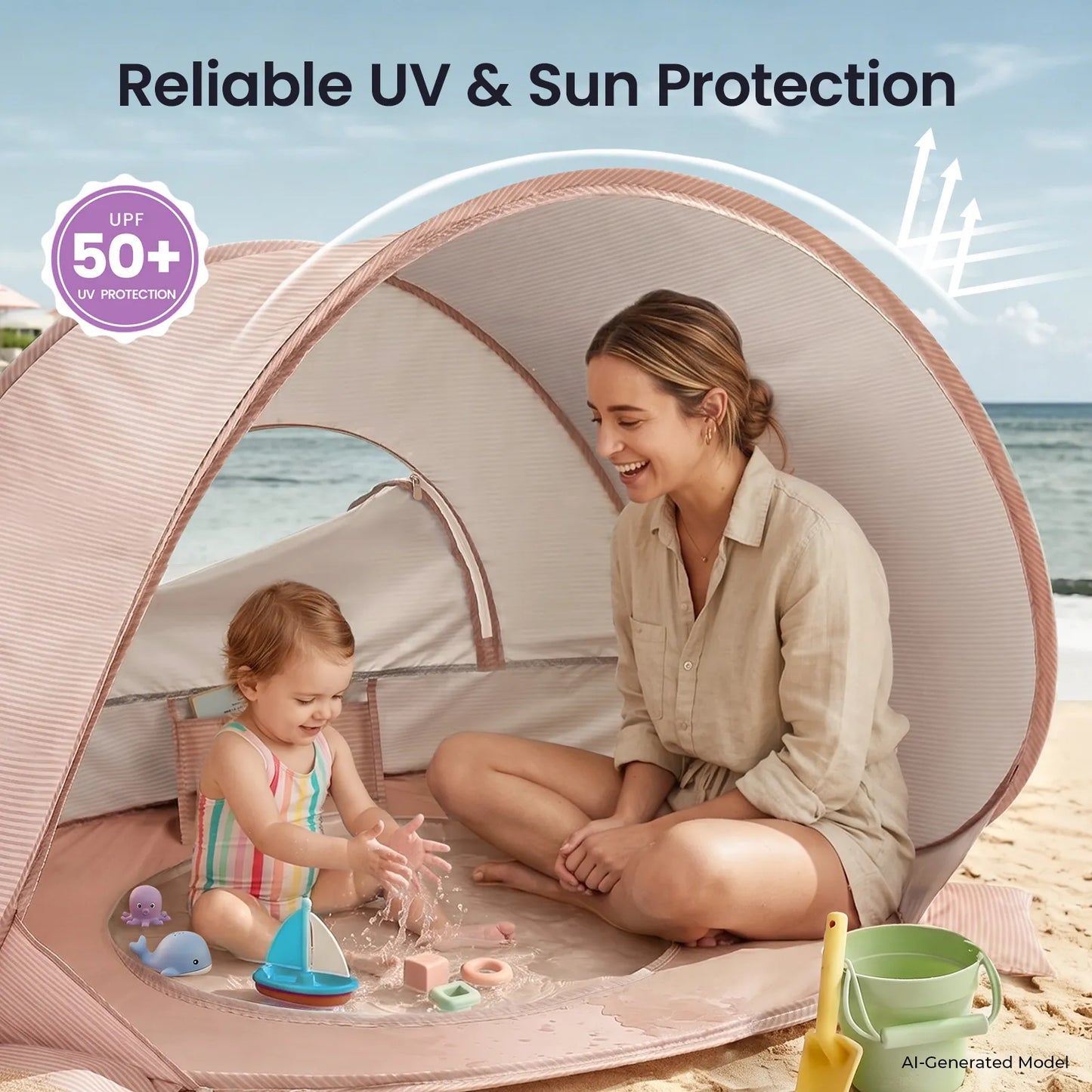Tiny Land 3-in-1 Baby Beach Tent on pink-beige beach tent with kids playing in sand toys on Tampa Home & Garden Store