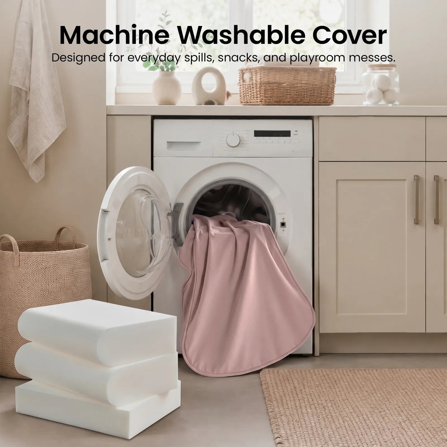 Tiny Land GentleSnug Kid Chair with pink cover on white modular base in laundry room on Tampa Home & Garden Store