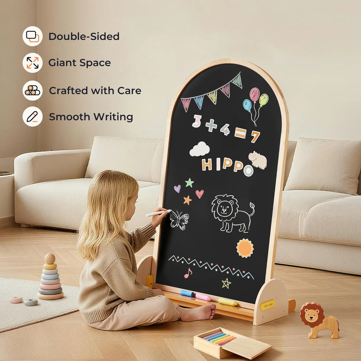 Tiny Land INC Double-Sided Arched Magnet Chalkboard Easel with wood frame; kid drawing chalk art on Tampa Home & Garden Store