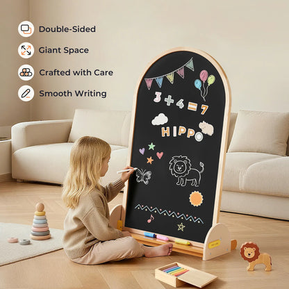 Tiny Land INC Double-Sided Arched Magnet Chalkboard Easel with wood frame; kid drawing chalk art on Tampa Home & Garden Store