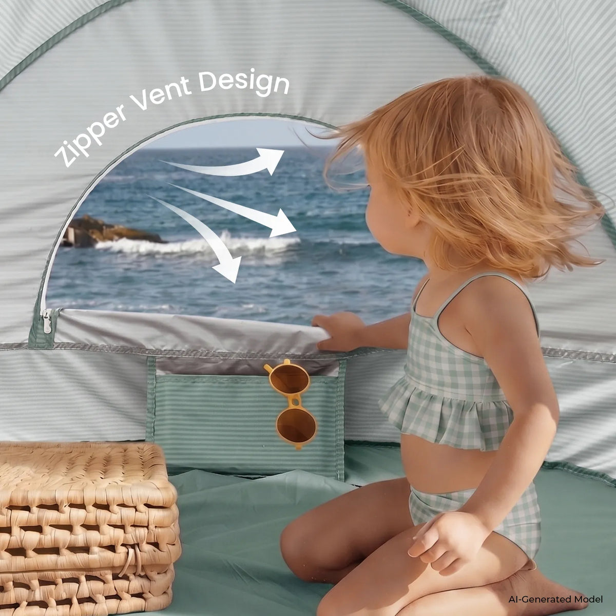 Tiny Land 3-in-1 Baby Beach Tent mint striped fabric with zip vent design, beach sand toy set on Tampa Home & Garden Store