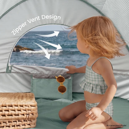 Tiny Land 3-in-1 Baby Beach Tent mint striped fabric with zip vent design, beach sand toy set on Tampa Home & Garden Store