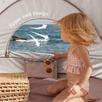 Tiny Land 3-in-1 Baby Beach Tent pink striped shelter with zipper vent design, child by the ocean on Tampa Home & Garden Store
