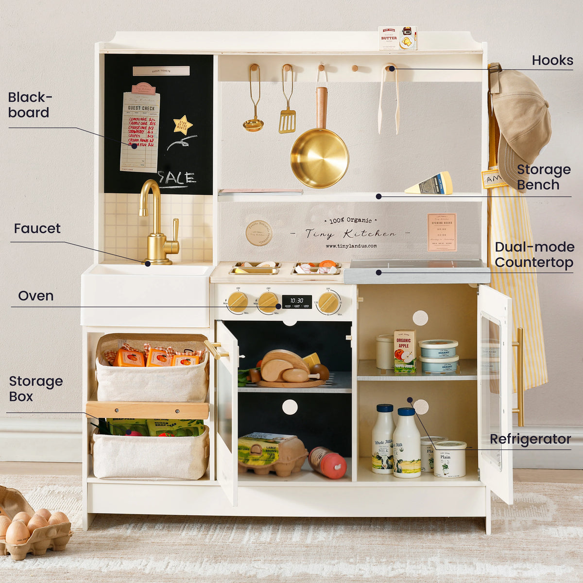 Tiny Land BistroSwitch Play Kitchen toy set with white cabinetry and gold faucet on Tampa Home & Garden Store
