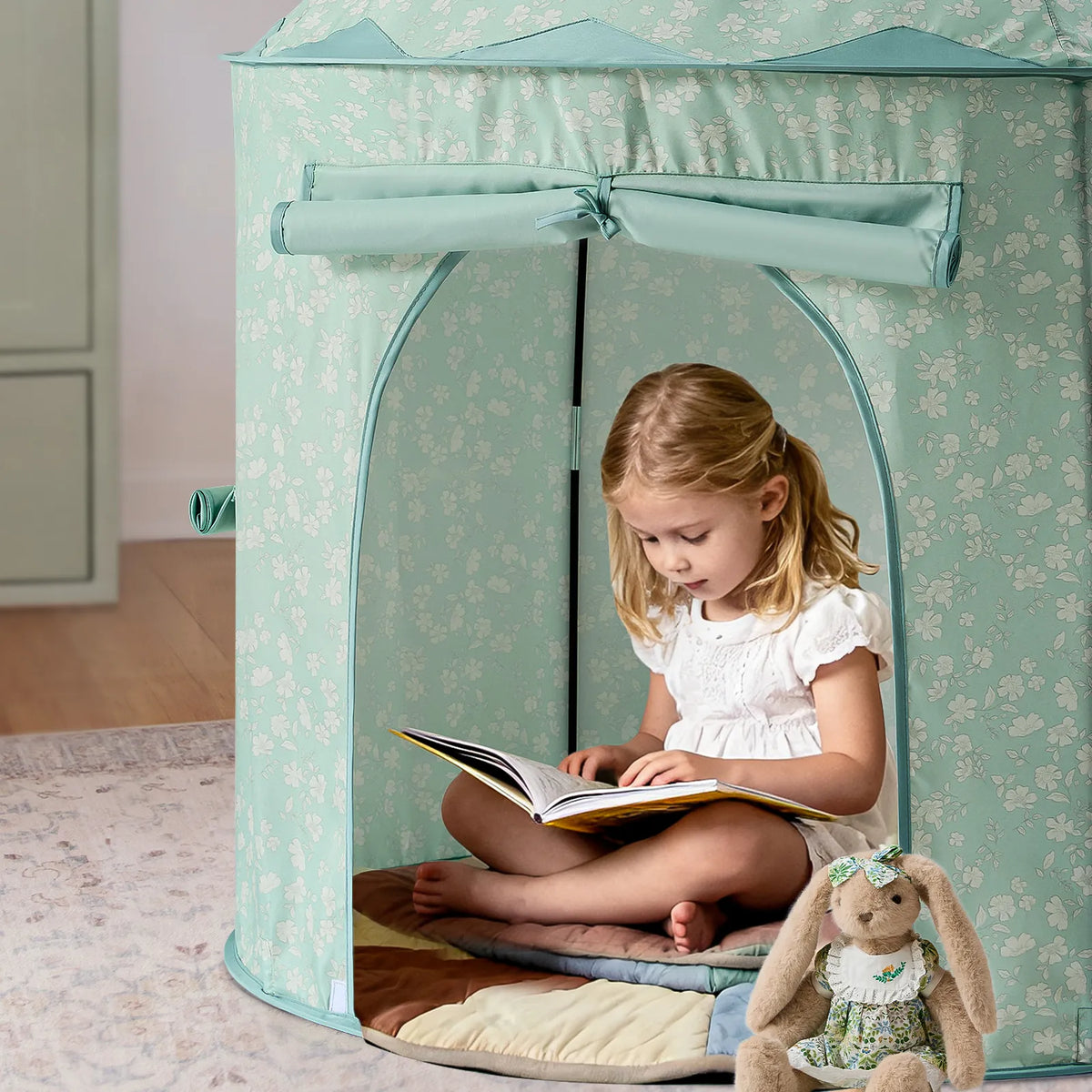 Tiny Land INC Compact Adventure 3-in-1 Play Tunnel no balls turquoise floral fabric for kids on Tampa Home & Garden Store