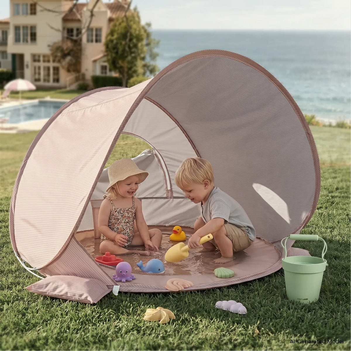Tiny Land INC 3-in-1 Baby Beach Tent circular pink-beige beach tent with kids and sand toys on Tampa Home & Garden Store