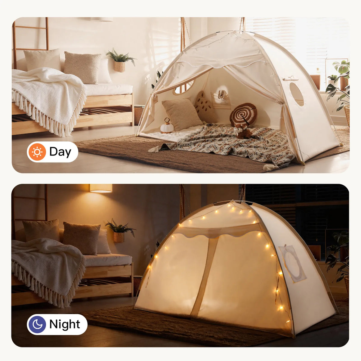 Tiny Land Versatile Kids Bed Tent & Play Tent beige fabric inside a cozy indoor living room on Tampa Home & Garden Store