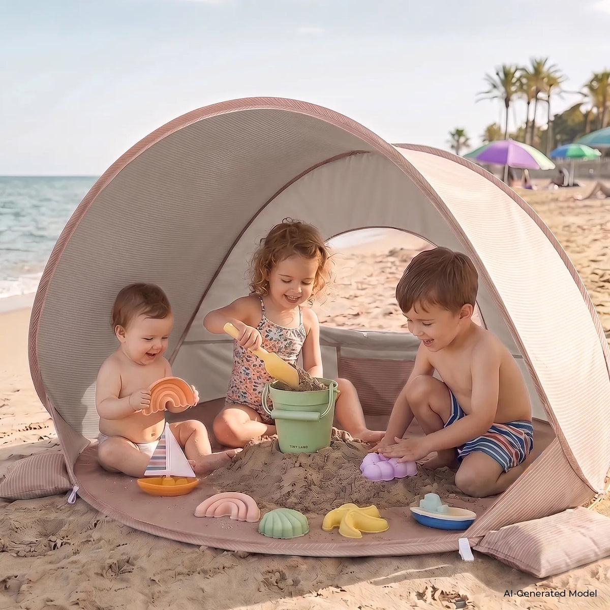 Tiny Land 3-in-1 Baby Beach Tent beige with pink trim; three kids play with pastel sand toys on Tampa Home & Garden Store