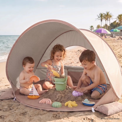 Tiny Land 3-in-1 Baby Beach Tent beige with pink trim; three kids play with pastel sand toys on Tampa Home & Garden Store