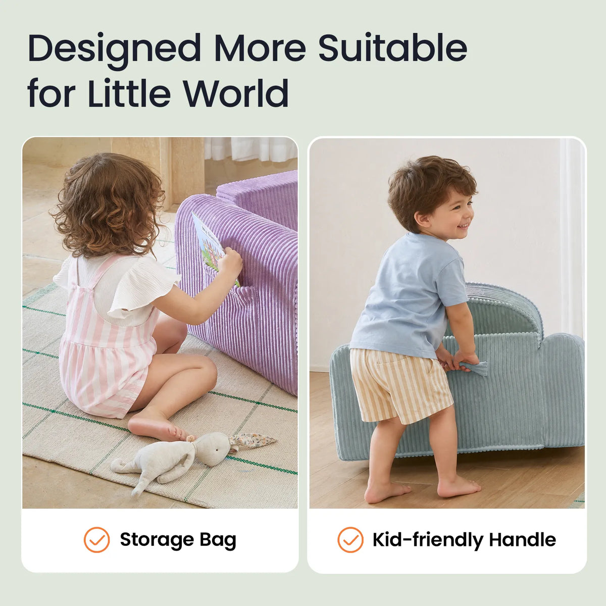 Tiny Land GentleSnug Corduroy Kid Chair in purple and blue with kid-friendly handle on Tampa Home & Garden Store