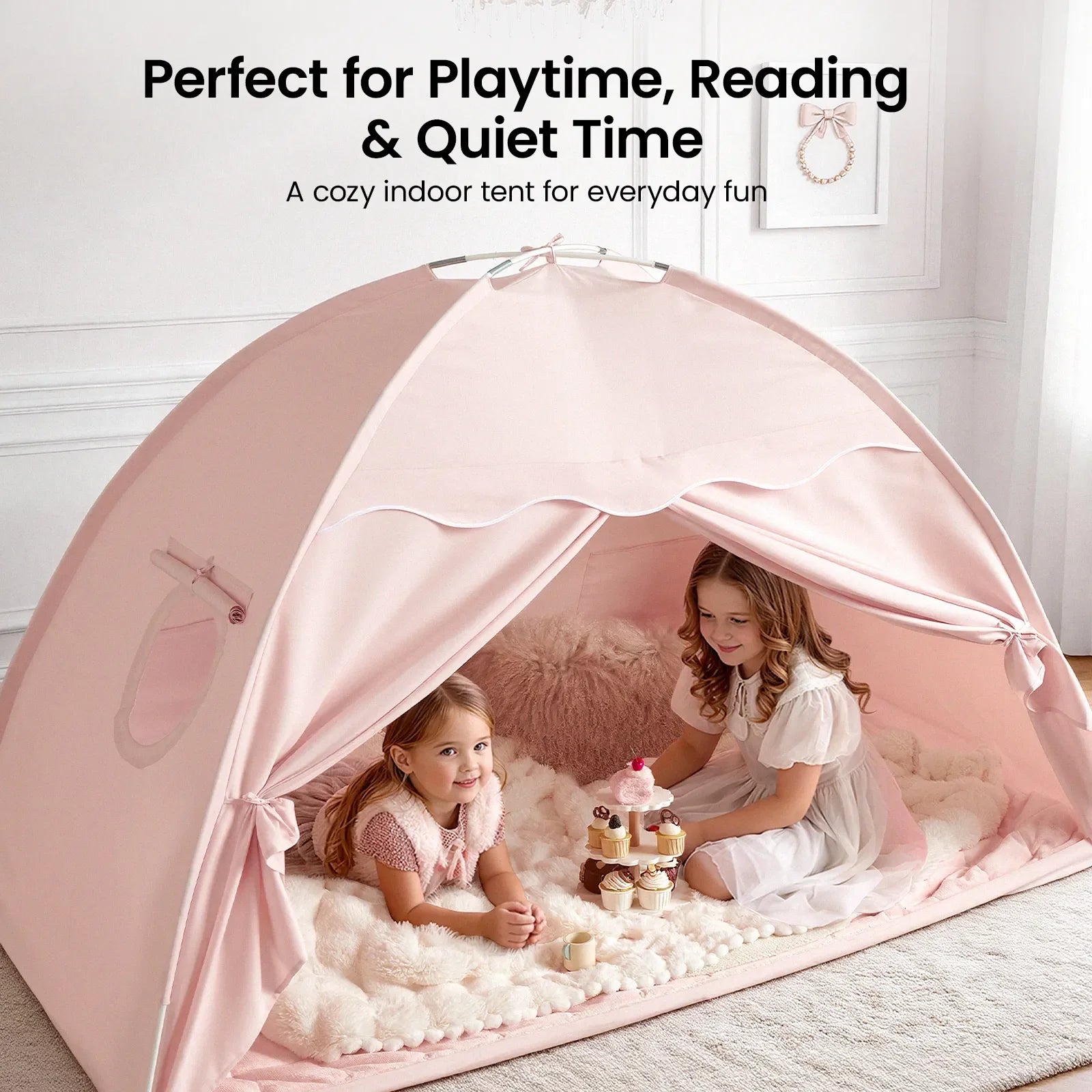 Tiny Land Versatile Kids Bed Tent & Play Tent, pink indoor play tent for two kids on Tampa Home & Garden Store