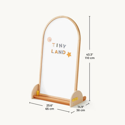 Tiny Land arched magnet chalkboard on wooden kids easel with colorful magnetic letters on Tampa Home & Garden Store