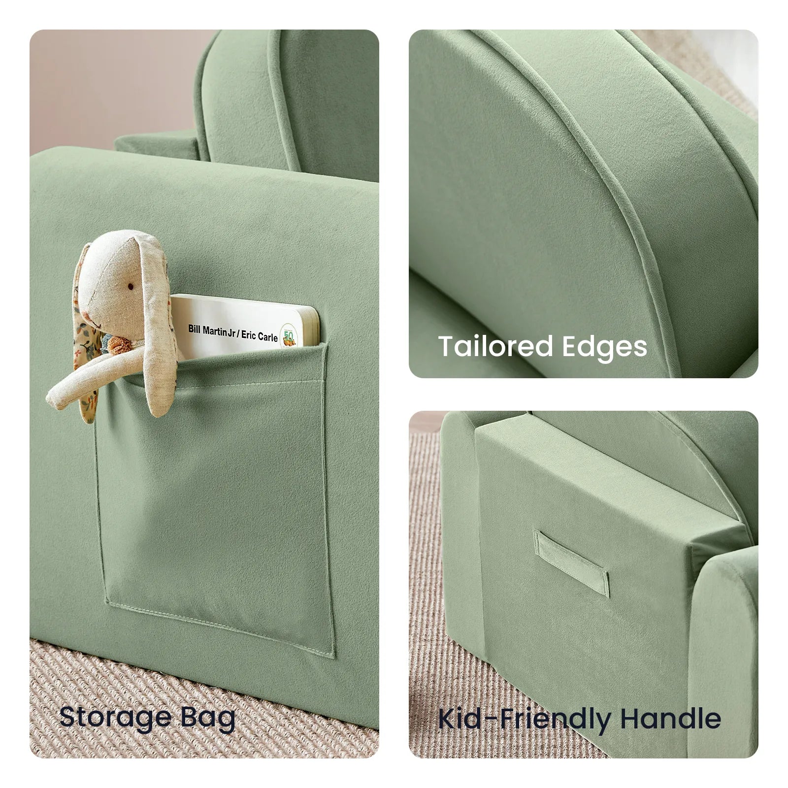 Tiny Land INC GentleSnug Kids Sofa Chair in sage green with a storage pocket and plush bunny on Tampa Home & Garden Store