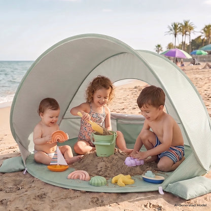 Tiny Land INC 3-in-1 Baby Beach Tent mint-green striped beach shelter with kids in sand on Tampa Home & Garden Store