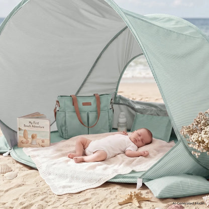 Tiny Land 3-in-1 Baby Beach Tent mint striped fabric with sleeping baby on blanket on Tampa Home & Garden Store