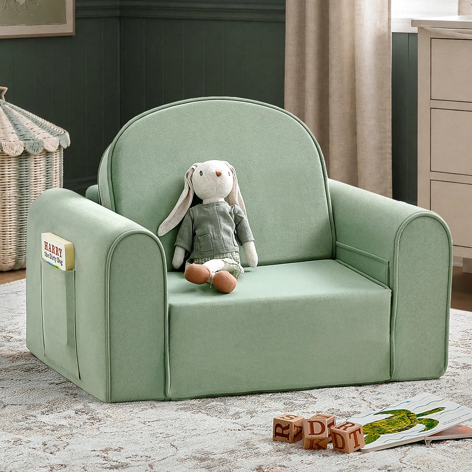 Tiny Land GentleSnug Kids Sofa Chair sage green plush with rounded arms kid chair on Tampa Home & Garden Store