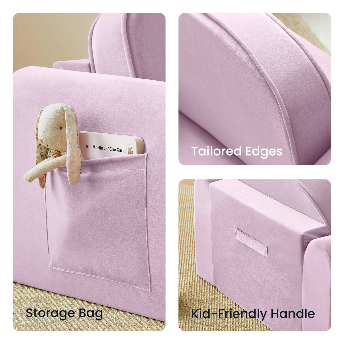 Tiny Land GentleSnug Kids Sofa Chair in lavender with storage pocket and plush toy on Tampa Home & Garden Store