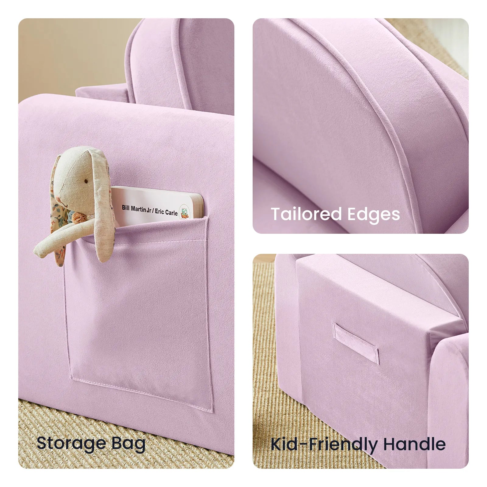 Tiny Land GentleSnug Kids Sofa Chair in lavender with storage pocket and plush toy on Tampa Home & Garden Store