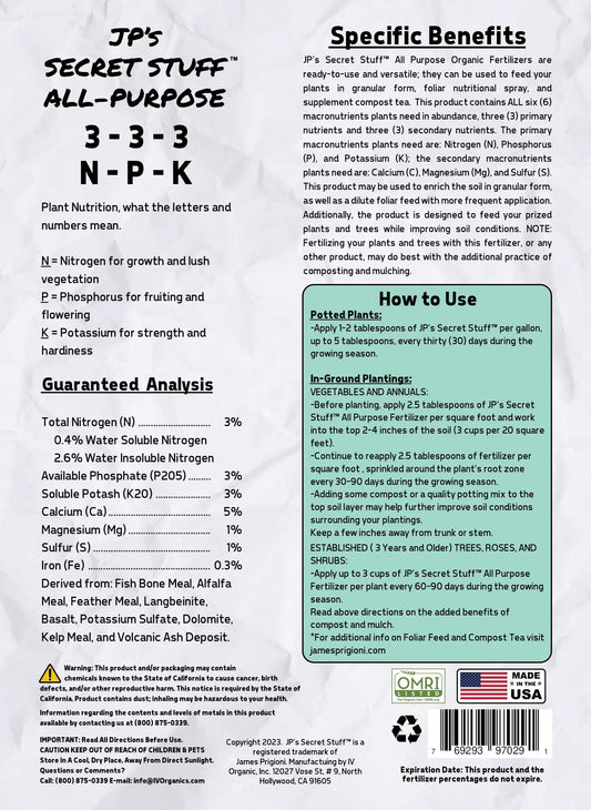 JP's Secret Stuff Organic Fertilizer 3-3-3 granules, all-purpose, OMRI-listed, Team Grow on Tampa Home & Garden Store