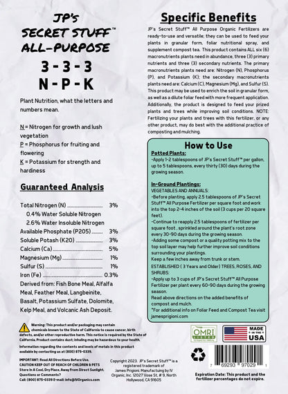 JP’s Secret Stuff™ All-Purpose Organic Fertilizer 3-3-3 (4 lb) - OMRI (US Only)